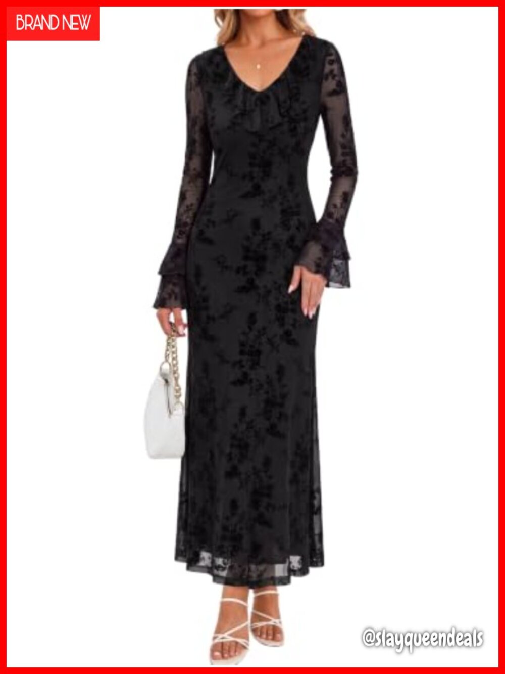 Simplee Floral Bodycon Maxi Dress Long Sleeve Ruffle V-Neck Wedding Guest